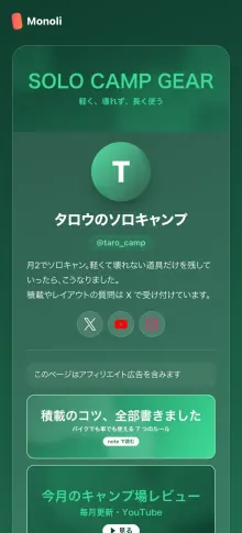 ソロキャンプの作者ページの見本